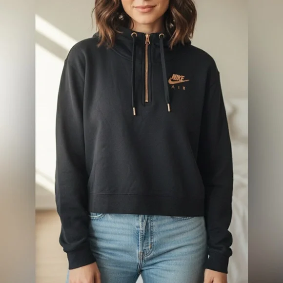 Nike Women's Black and Gold Quarter-Zip Hoodie - Picture 1 of 8